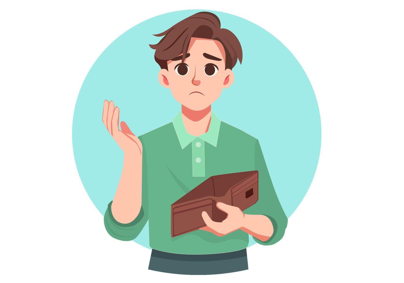 A young man holds an empty wallet, his face showing concern or incomprehension. vector