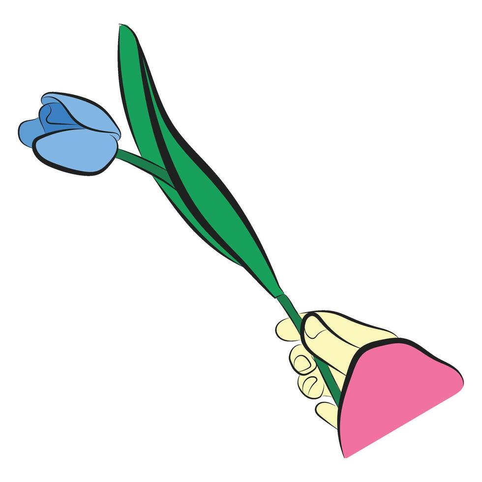 Giving Blue Tulip. Illustration of Hand Offering a Flower vector