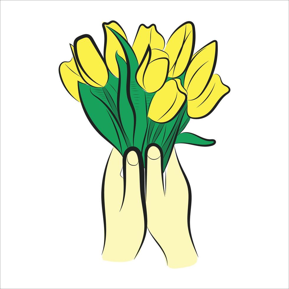 Hands Holding Yellow Tulips. Colorful Spring Floral Illustration vector