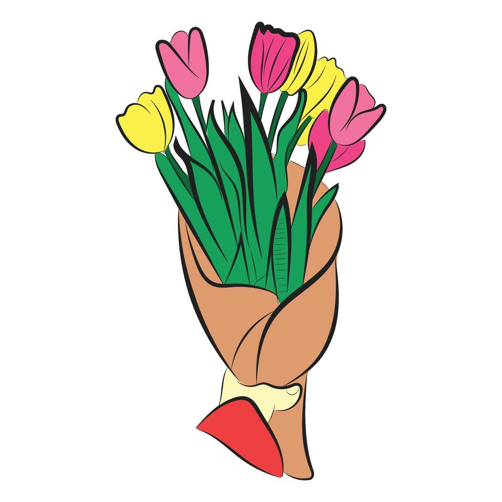 Hand Holding Wrapped Tulip Bouquet. Colorful Floral Art vector
