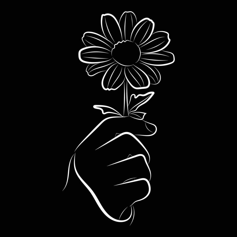 Black and White Hand Holding Daisy Flower Line Art Illustration vector