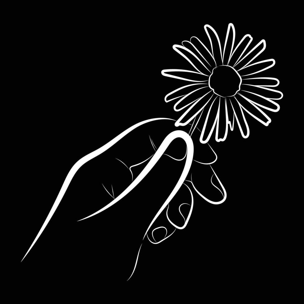 Minimalist Line Art of Hand Holding Daisy Flower on Black Background vector
