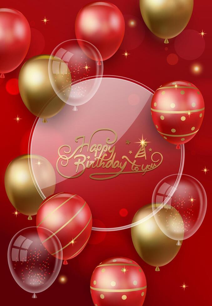 Red and gold balloons surrounding a clear birthday card with HAPPY BIRTHDAY text vector