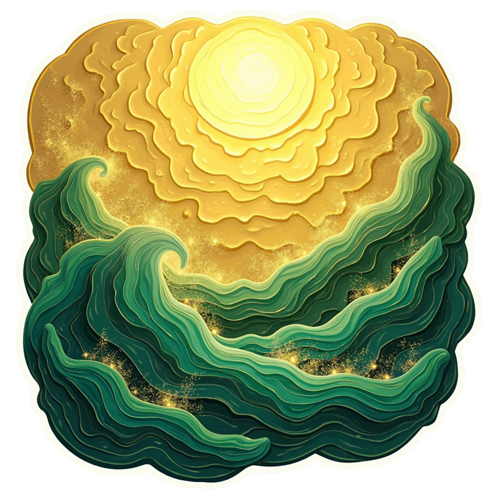 Emerald green waves curl, breaking on a golden sandy shore png