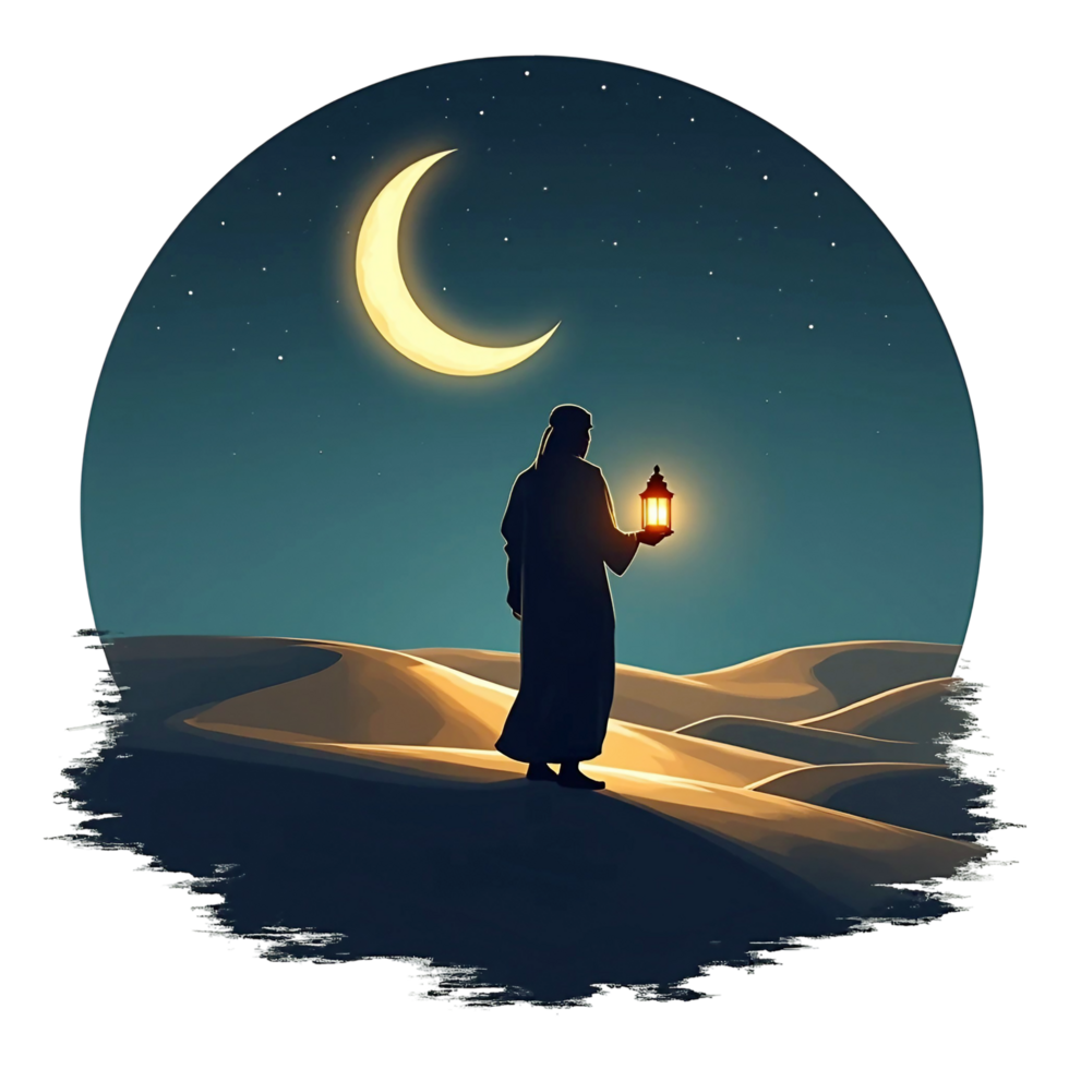 A serene crescent moon glows softly against a dark blue night sky dotted with twinkling stars. png