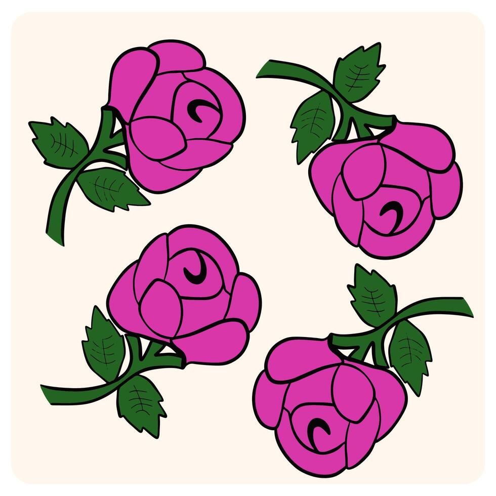 Elegant Pink Cartoon Roses with Green Stems with background cream vector