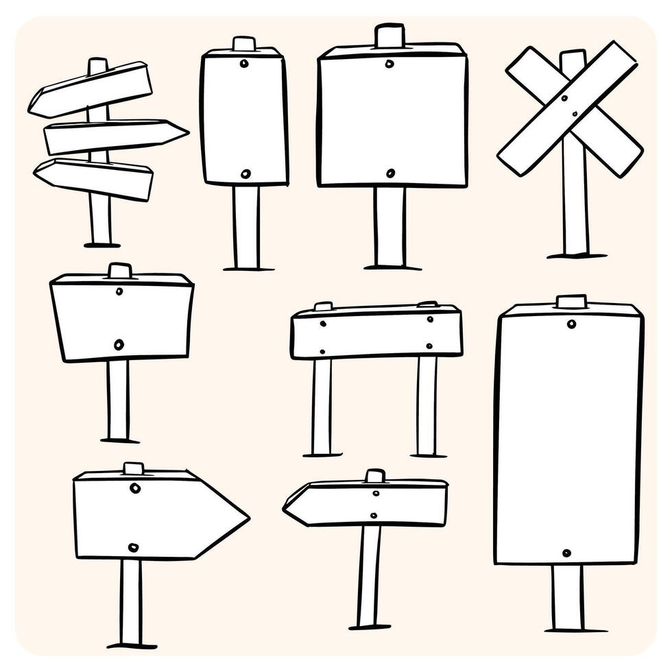 Hand-Drawn Wooden Signposts and Directional Boards Set with background cream vector