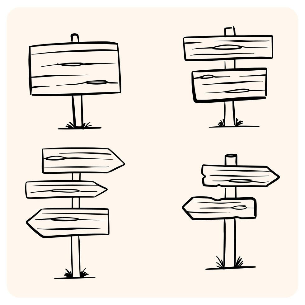 Set of Hand-Drawn Wooden Road Signs and Direction Boards with background cream vector