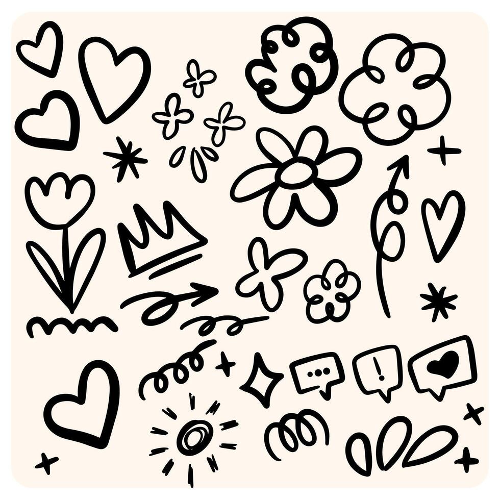 Hand-Drawn Love and Floral Doodle Elements Set with background cream vector