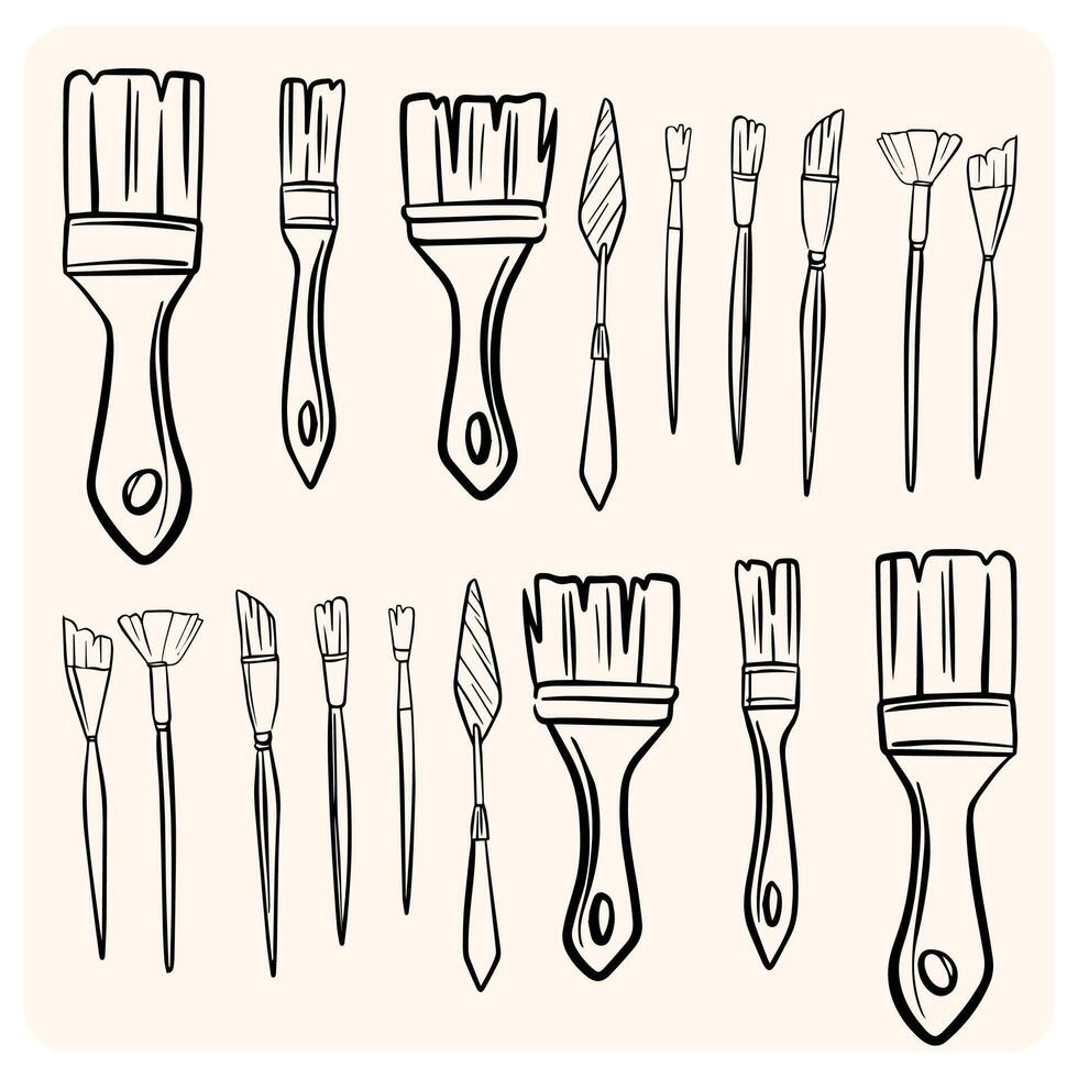 Simple Line Art Icon Set of Painting Brushes and Palette Knife with background cream vector