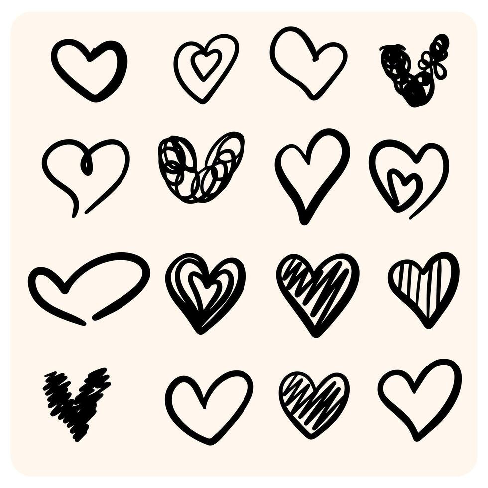 Hand-Drawn Black Heart Doodles Collection with background cream vector