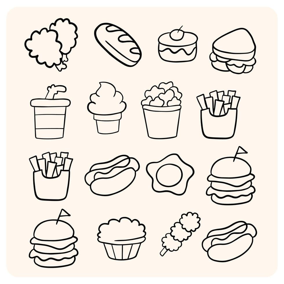 Hand Drawn Fast Food Coloring Page Elements with background cream vector