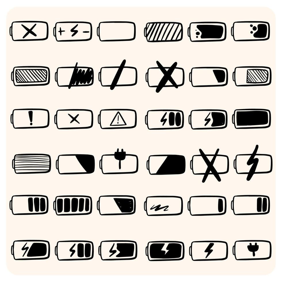 Extensive Hand-Drawn Battery Level Indicators and Status Icons Set with background cream vector