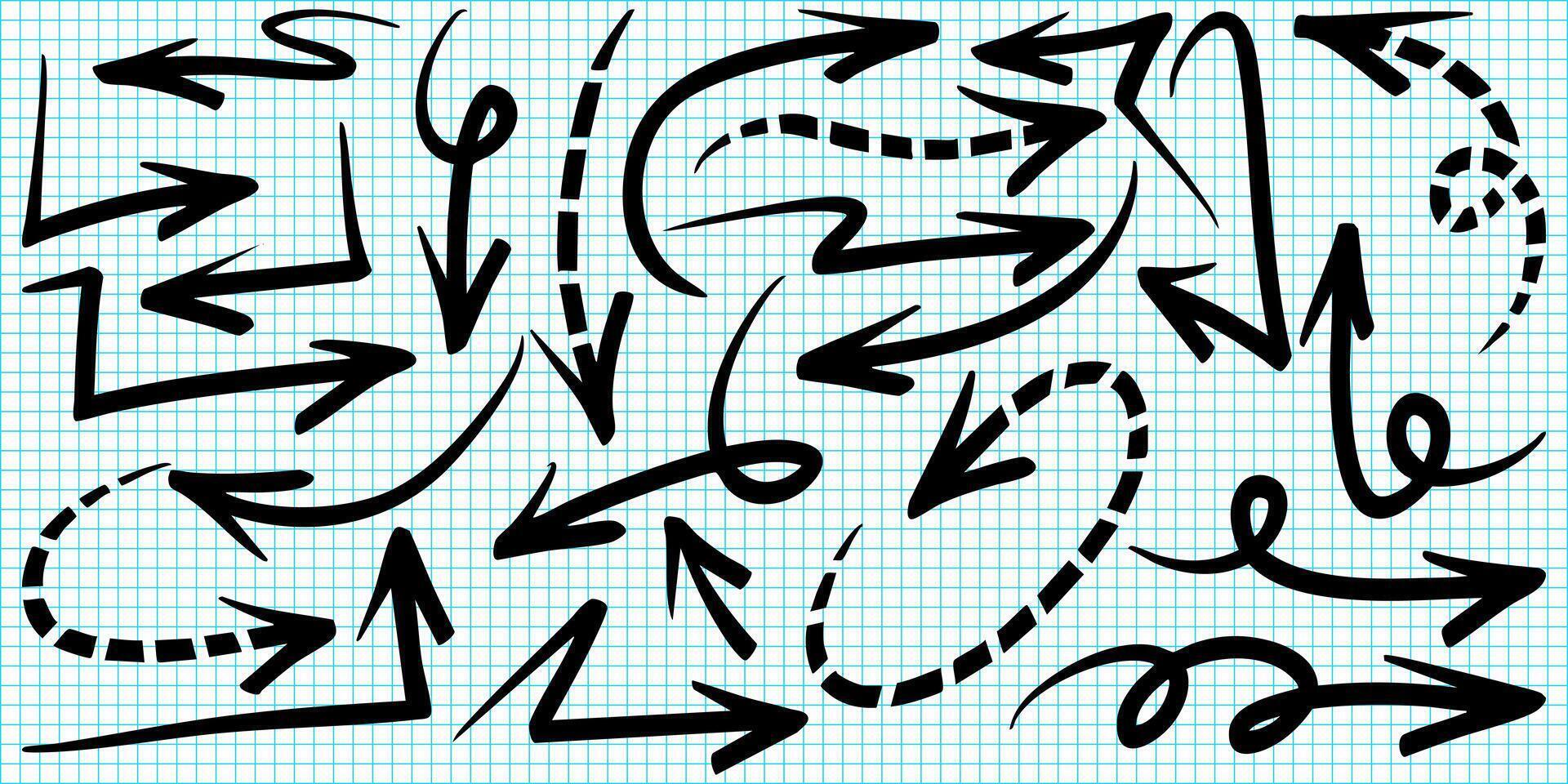 set of hand drawn doodle arrows in various styles on a blue grid paper background. Includes curved, zigzag, spiral, and dashed arrows ideal for presentations, infographics, notes, planning. vector