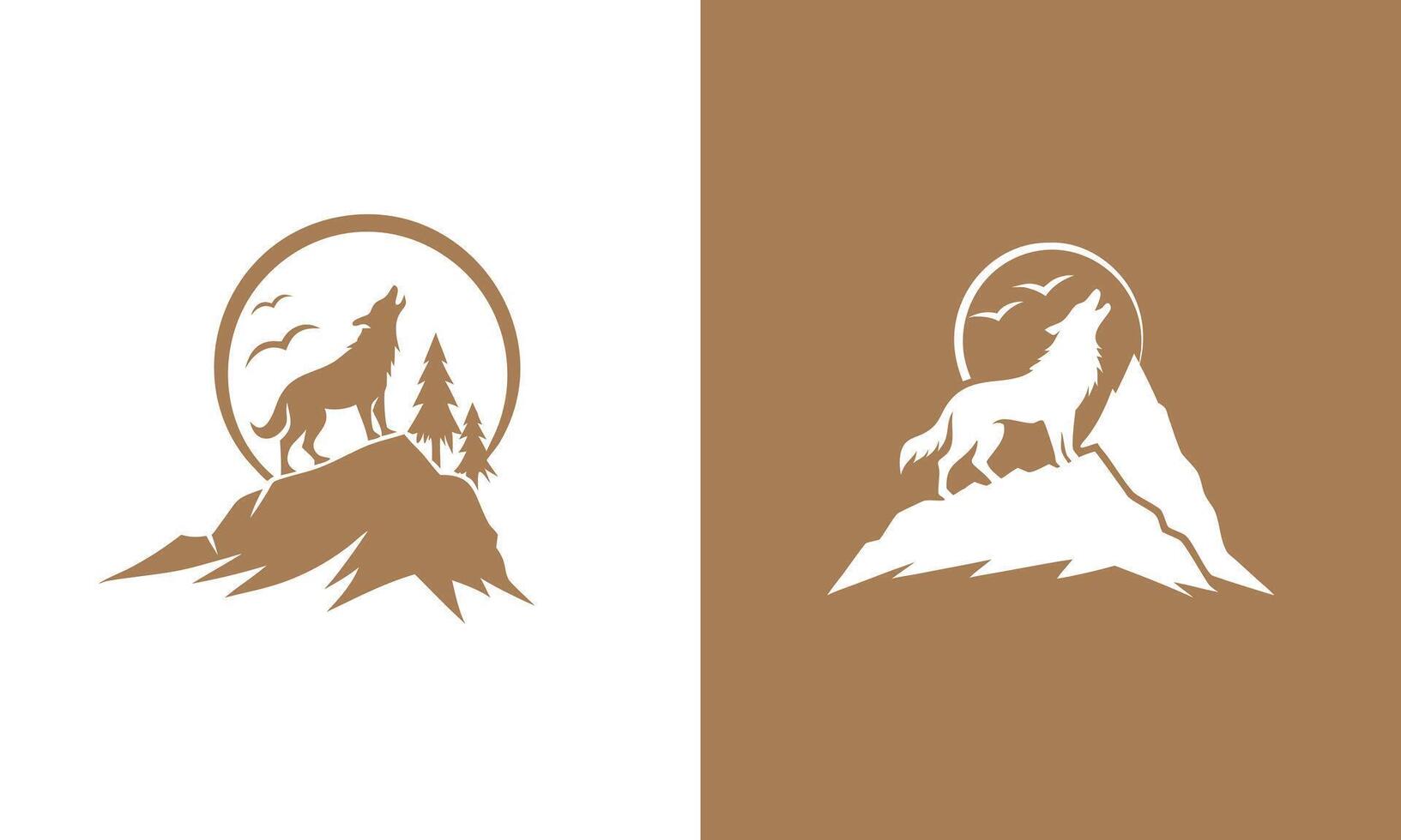 Wolf howling on mountain silhouette logo design template vector