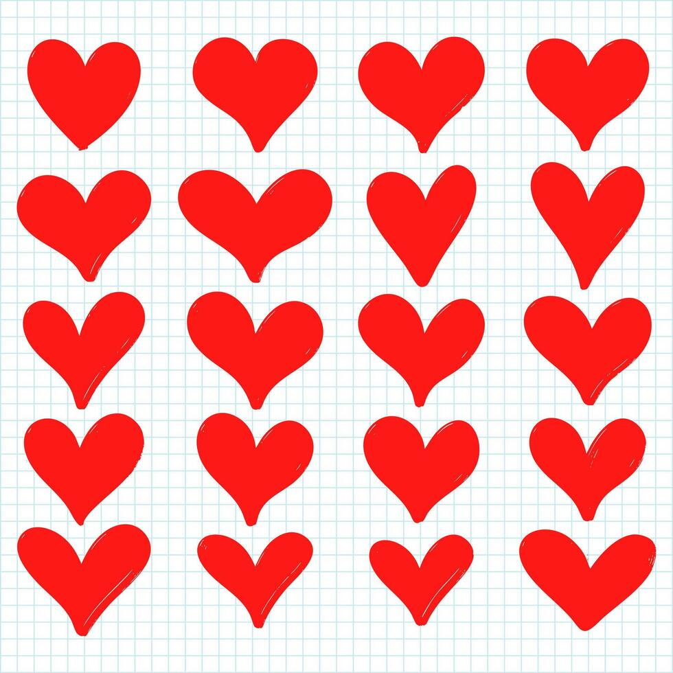 Set of Red Hand Drawn Hearts on Grid Paper Background Cute Love Icons vector