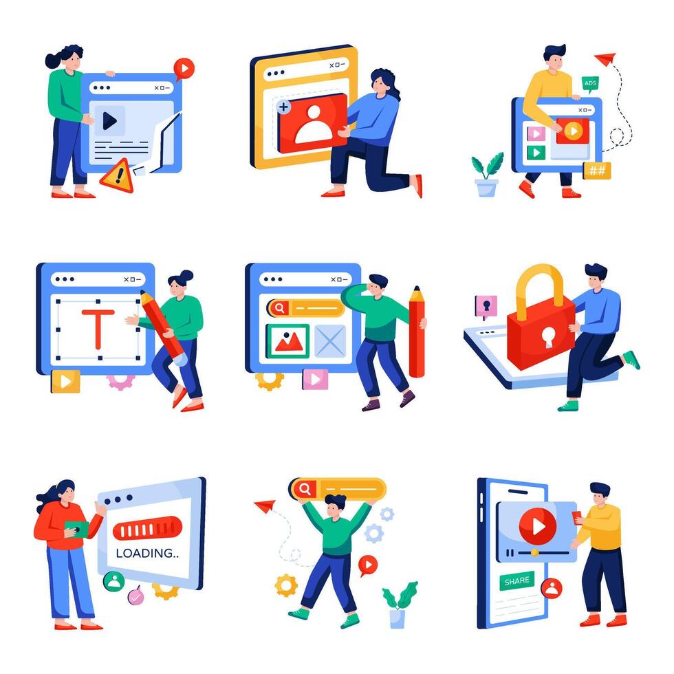 Set of Web Designing and Seo Flat Illustrations vector