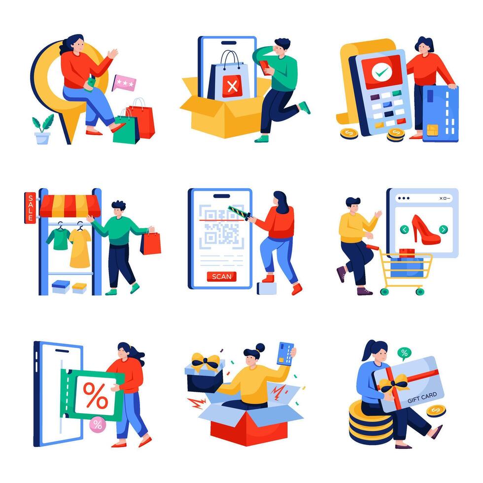 Set of Shopping and Commerce Flat Illustrations vector