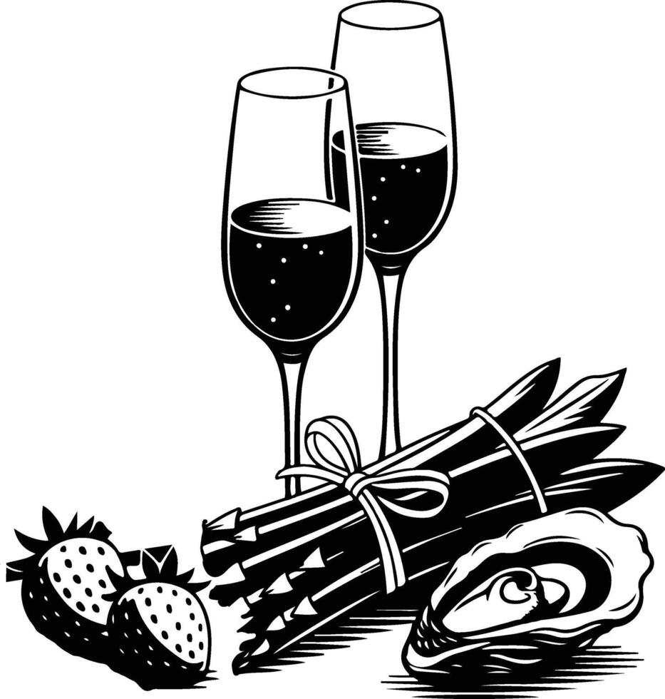 Champagne Flutes with Asparagus, Strawberries, and Oyster vector