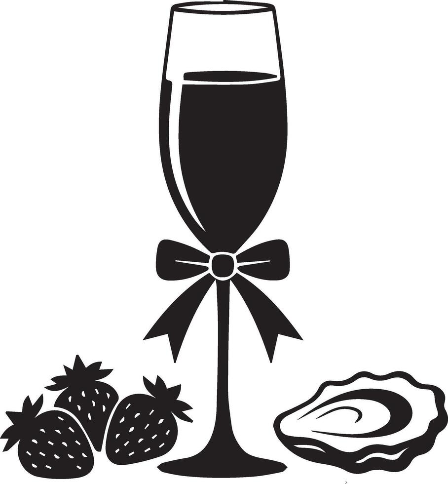 Champagne Flute with Bow, Strawberries, and Oyster Silhouette vector