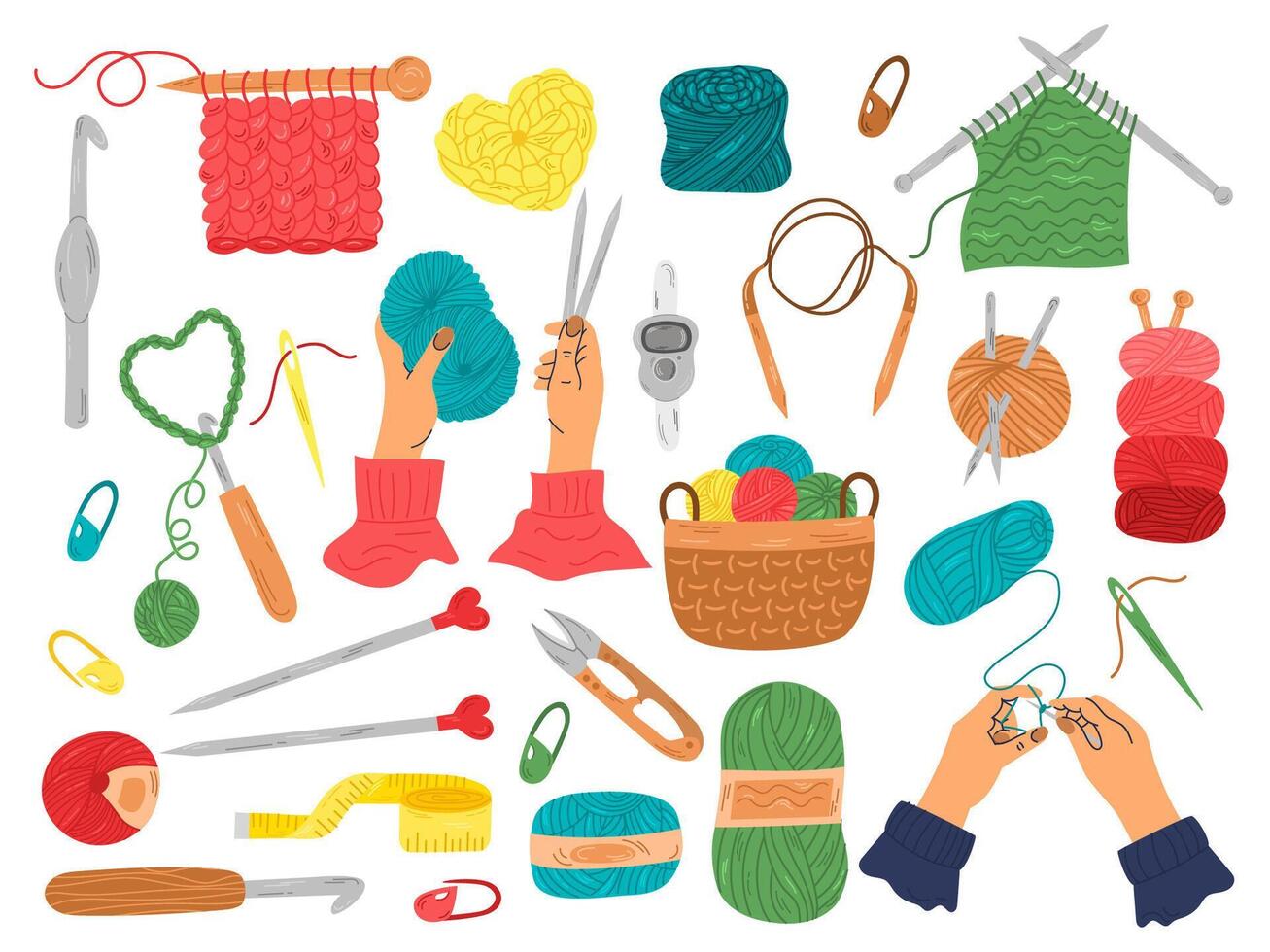 Knitting set. Yarn and thread, a skein of wool, knitting needles, a basket for yarn, a set for weaving wool, scissors. A set of knitting tools and materials vector