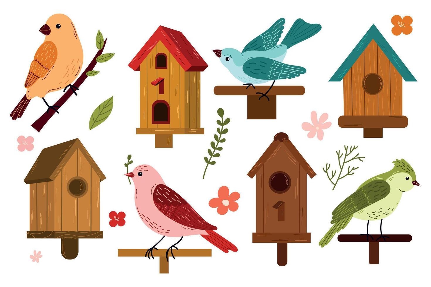 Small set of spring birds and birdhouses.Birdhouse with a bird, homemade nests, feeders and homes, for summer and spring birds. vector