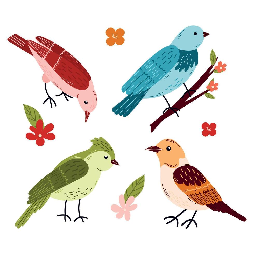 Spring birds small set. Different beautiful birdie with flowers and branch. The birds are arranged in a row, with some of them facing left and others facing right. vector