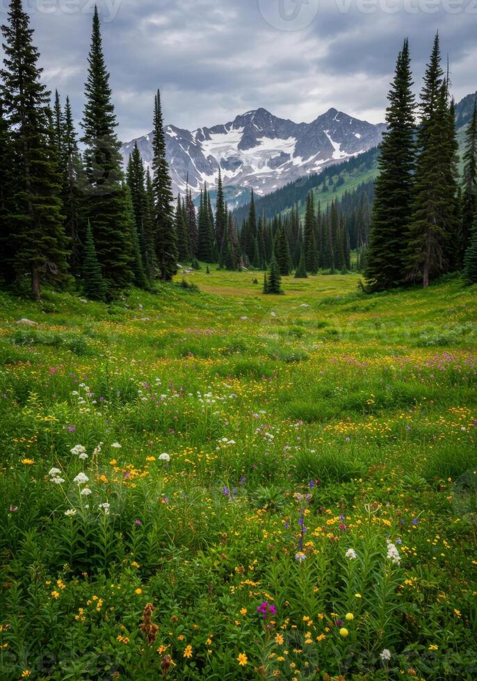 Vibrant Wildflower Meadow with Mountain View photo