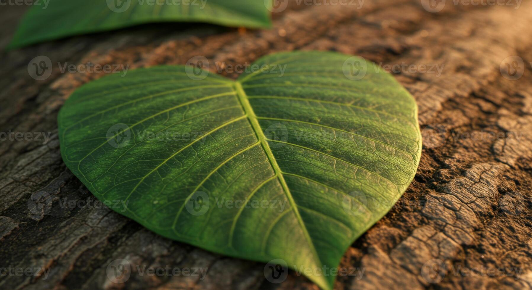 Heart Shaped Green Leaf on Brown Wooden Texture photo