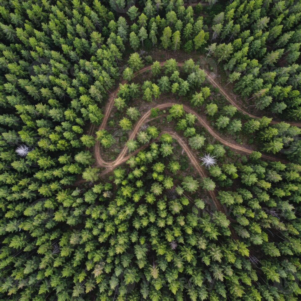 Aerial View of a Winding Path Through a Lush Green Forest Plantation photo