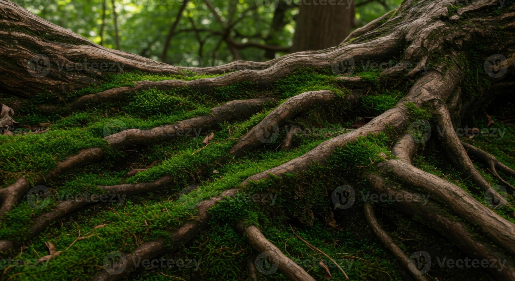 Closeup of Lush Green Moss Covering Tree Roots in a Forest photo