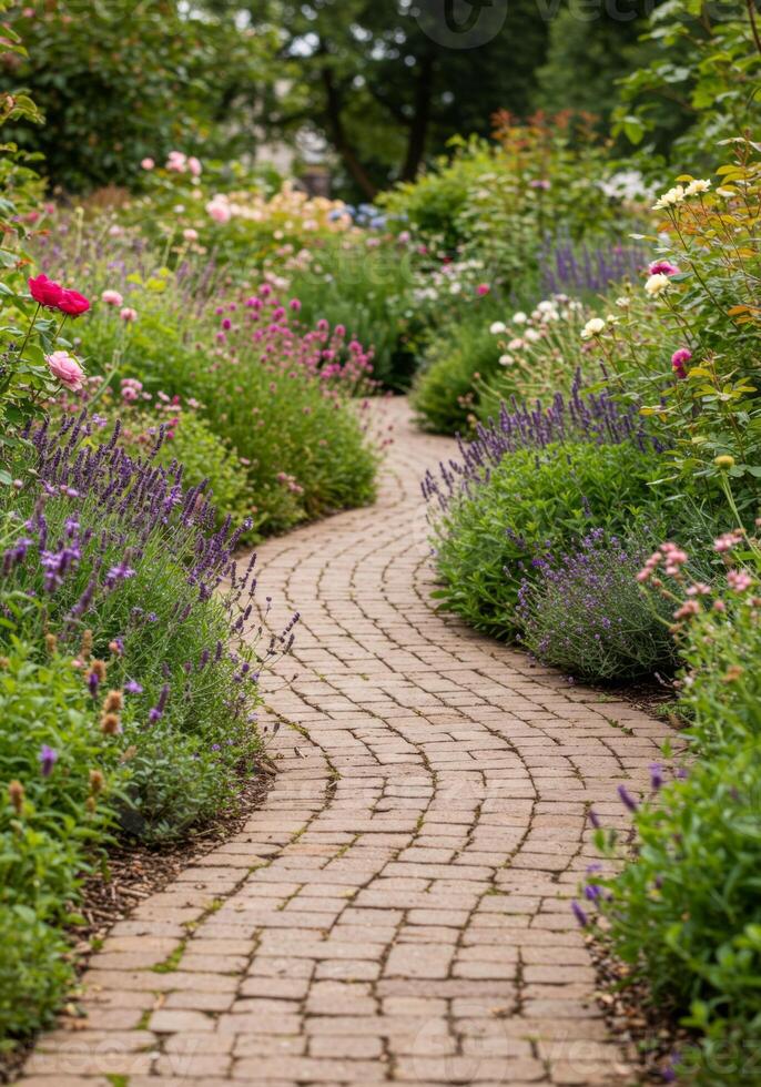 Curved Brick Path Through a Vibrant Summer Garden photo