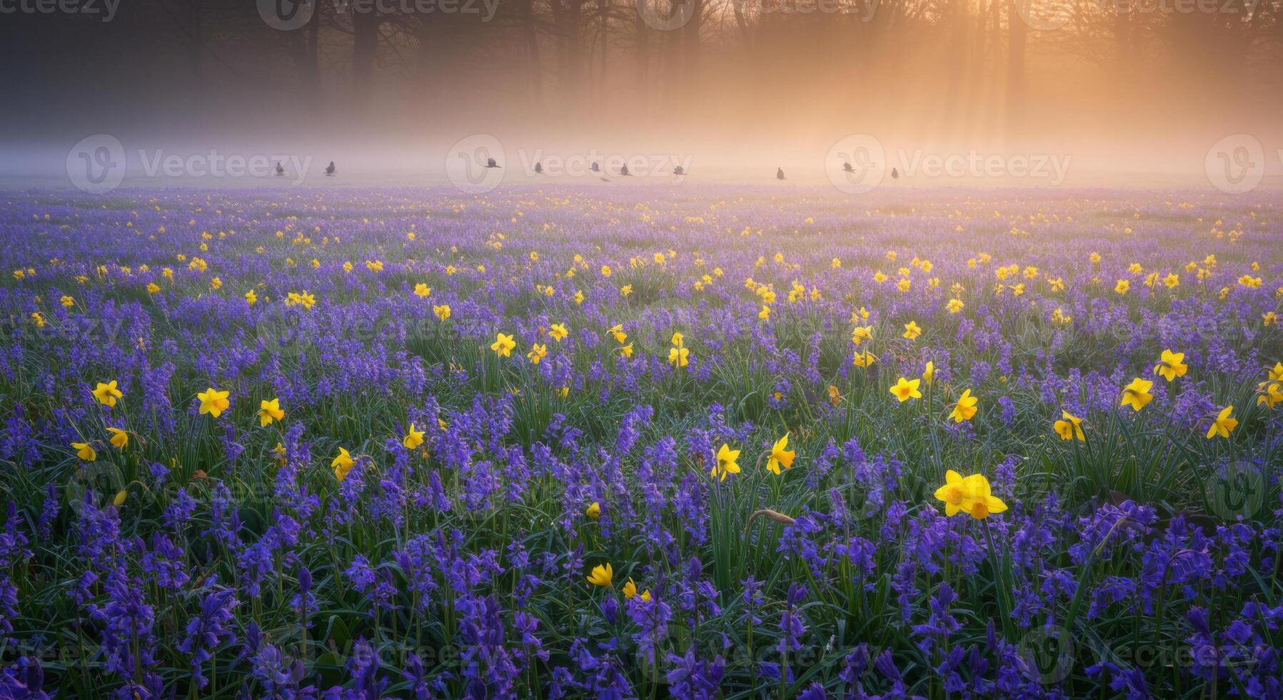 Misty Dawn over Field of Bluebells and Daffodils photo