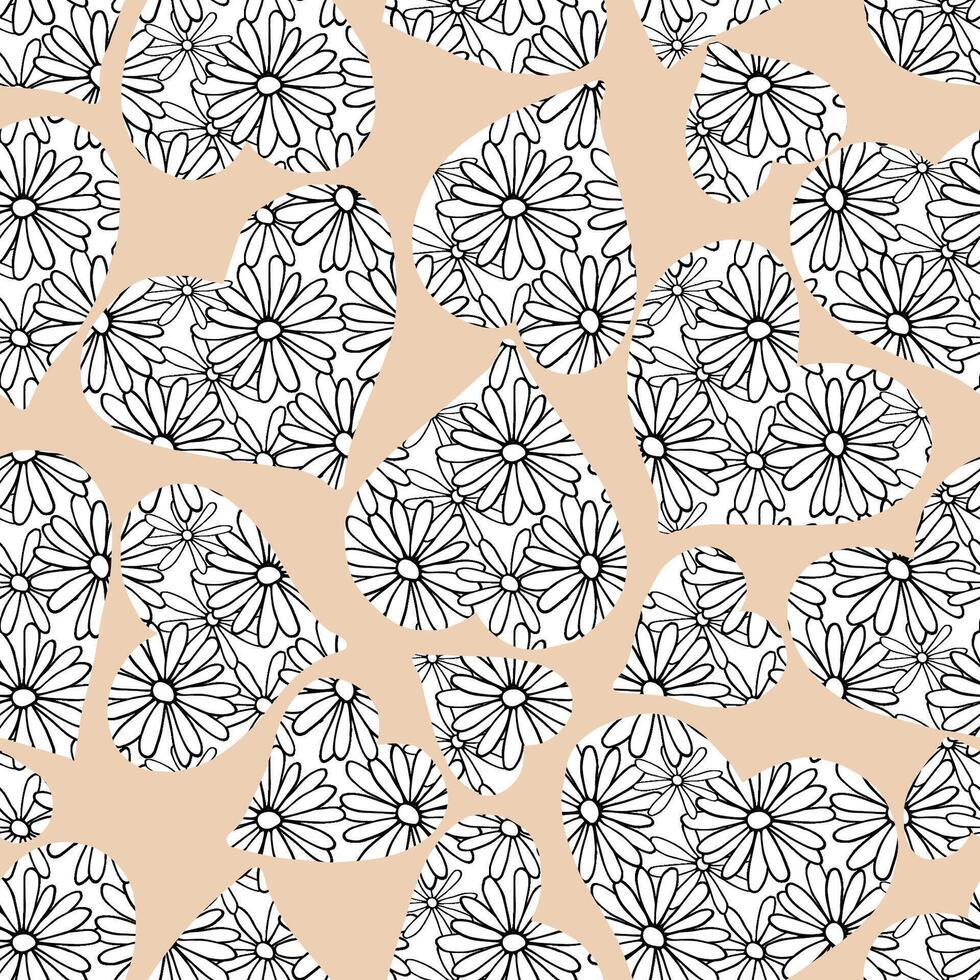 A bouquet of daisy flowers arranged in a neat heart-shaped pattern. The flower is drawn with delicate line art, a simple and minimalistic feel. Seamless pattern background for textile design vector