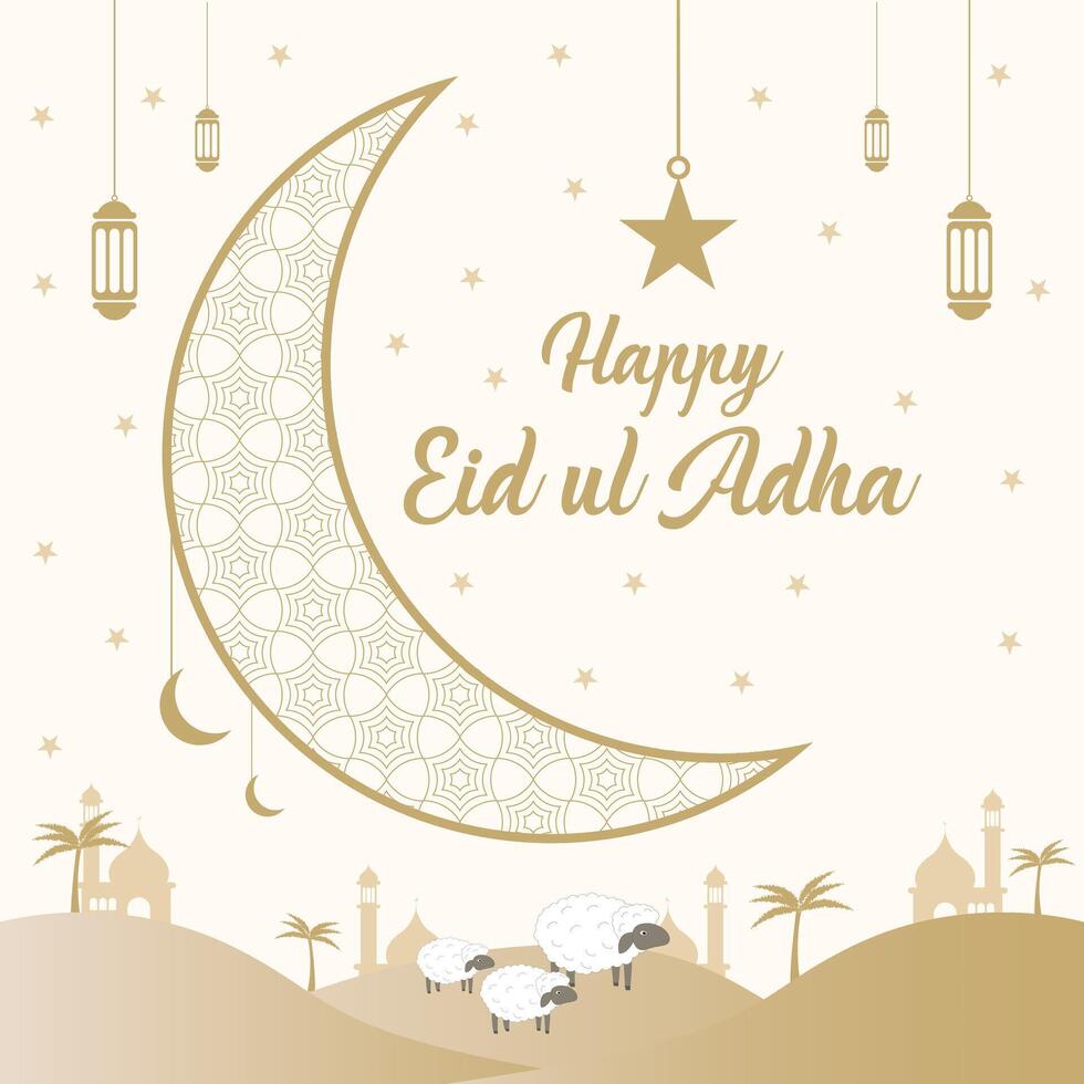 Happy Eid Ul Adha Greeting Card With Decorative Crescent Moon, Hanging Lanterns, Golden Star, Sacrificial Sheep, Mosque Silhouette, Palm Trees And Beige Islamic Background For Festive Celebration vector