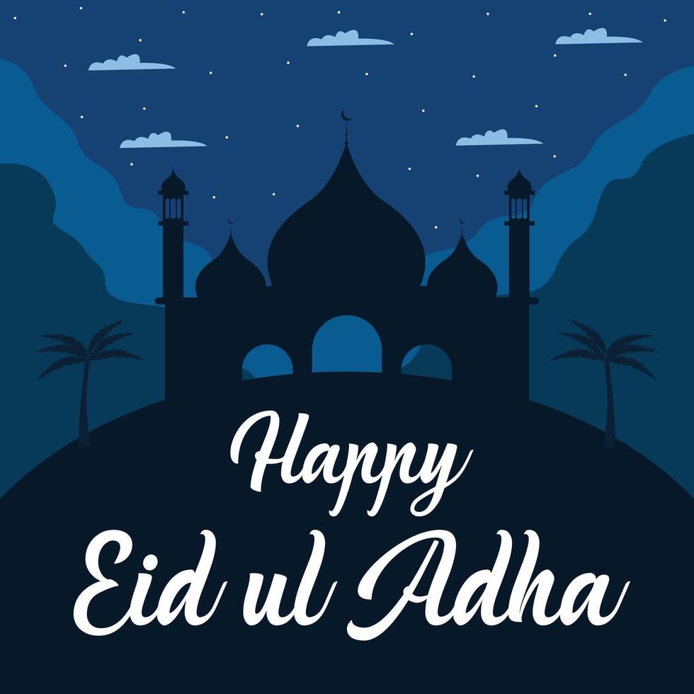 Happy Eid ul Adha Greeting Illustration With Dark Night Background, Mosque Silhouette, Palm Trees, Mountain Shapes, Starry Sky, Clouds And Elegant Islamic Festive Design For Religious Celebration vector