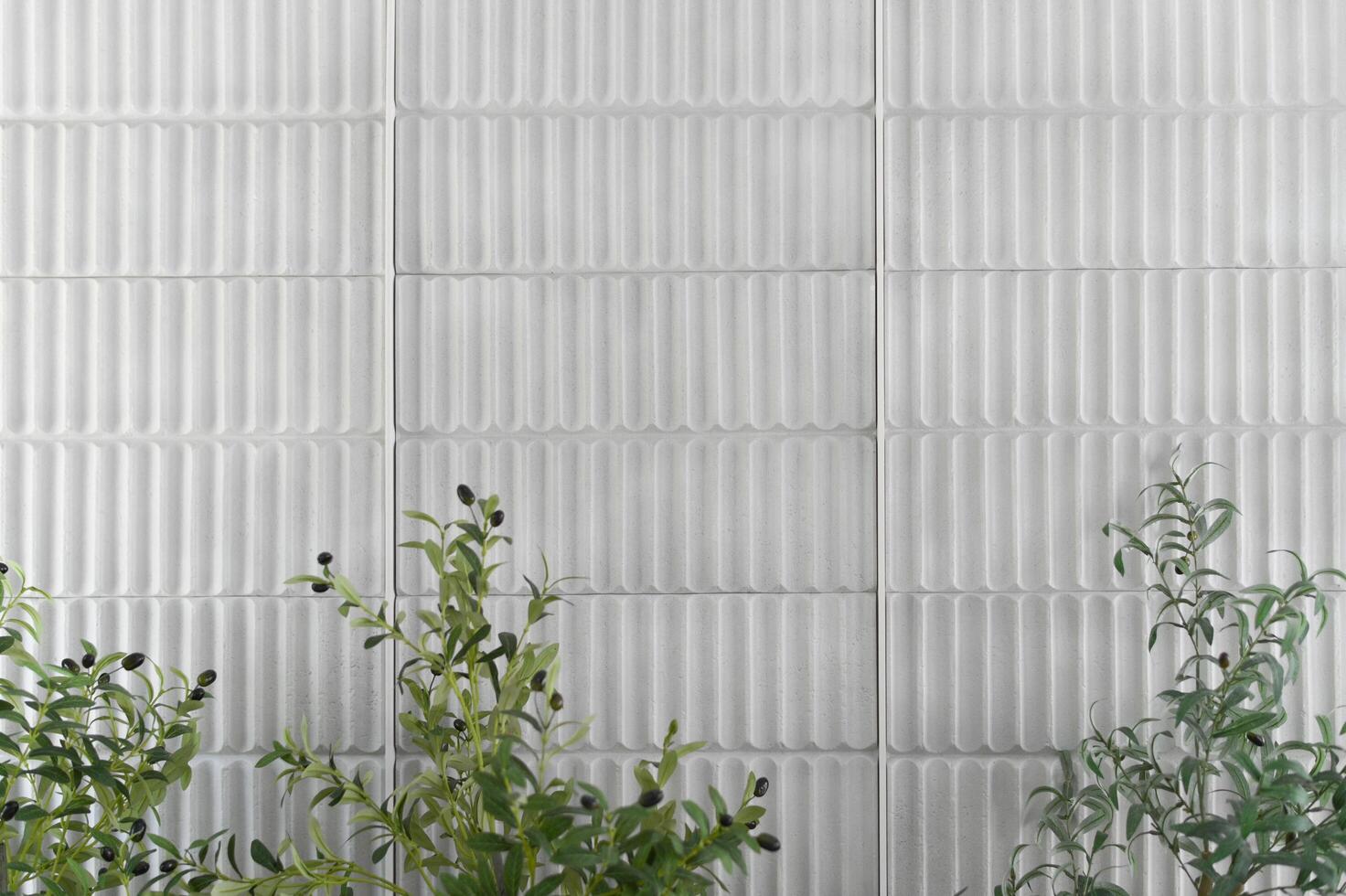 Detailed view of white concrete wall featuring striking vertical texture pattern, with lush green plants adding touch of natural serenity to modern exterior space photo