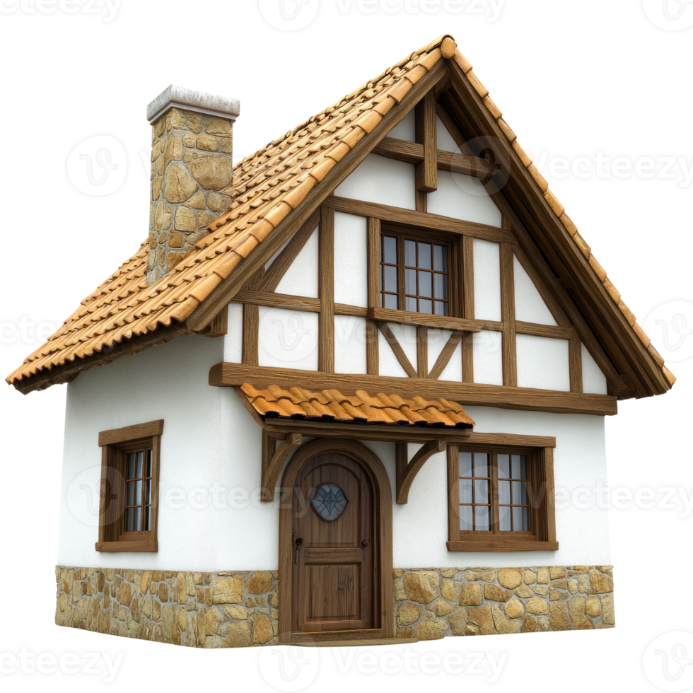 Charming wooden cottage with stone walls and thatched roof in a picturesque rural setting png