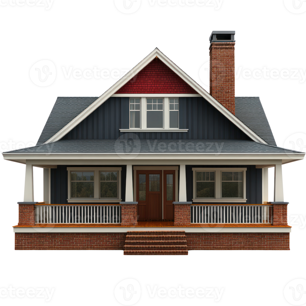 Charming isolated house design featuring a brick and boarded structure with front porch and chimney png