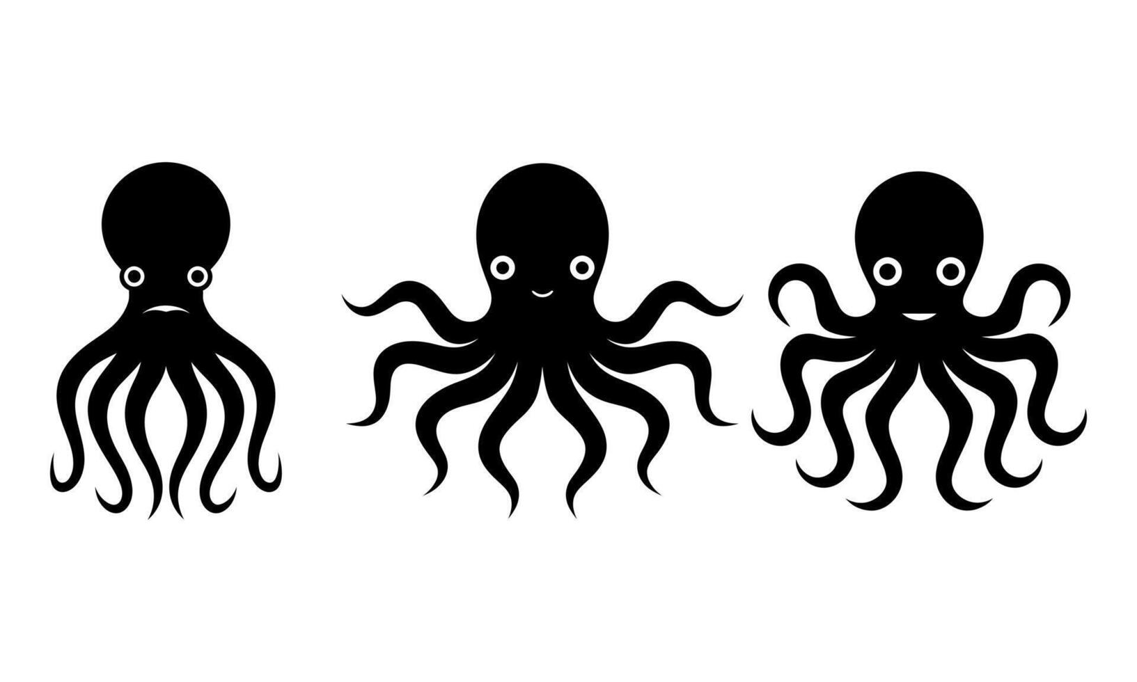 Three Cute Cartoon Octopus Silhouettes in Different Moods vector