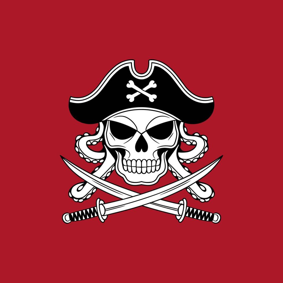 Pirate Skull with Crossed Swords, Wearing a Hat and Surrounded by Tentacles vector