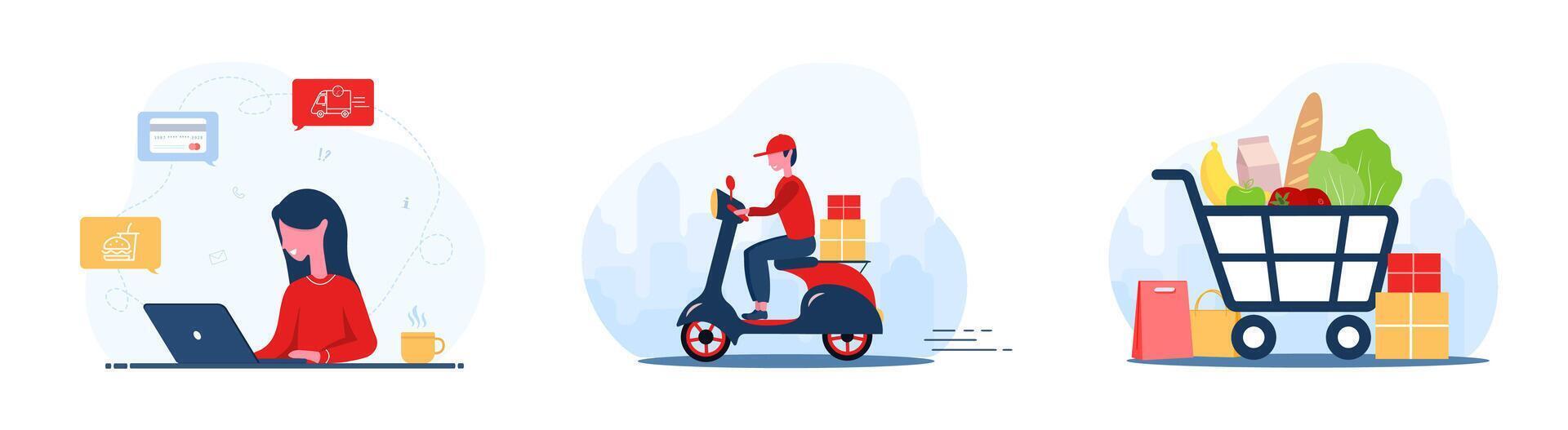 Online food order. Grocery delivery. A woman shop at an online store. Fast courier on the scooter. Shopping basket. Stay at home. Quarantine or self-isolation. Flat cartoon style. vector