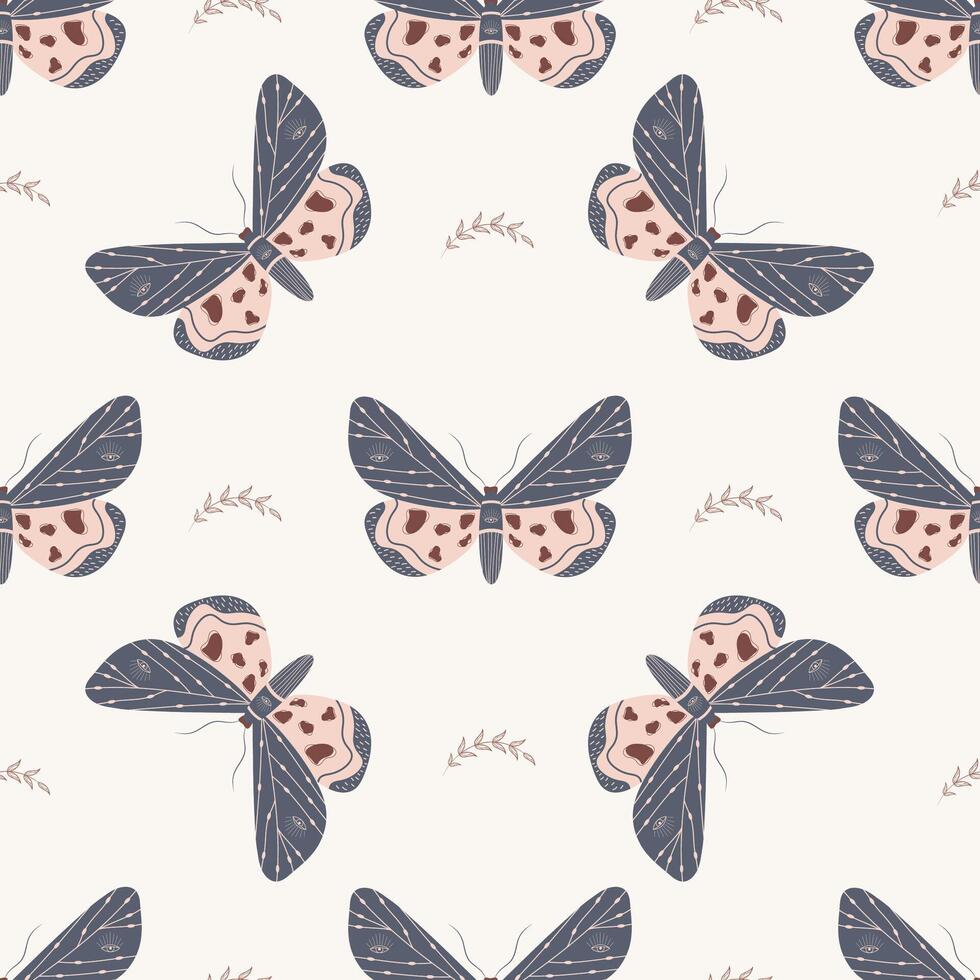 Seamless pattern with boho butterfly. Insect with celestial elements. Witch and magic symbol for textile, fabric. Abstract hand drawn illustration in bohemian style vector