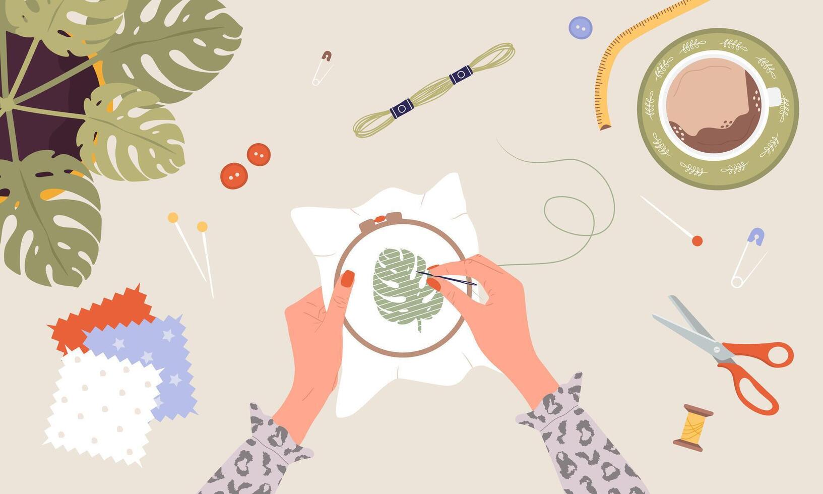 Embroidery process. Workshop, needlework and knitting. Female hands with needle and thread. Top view of the workplace. Tailor shop elements. Hand drawn illustration in flat style vector