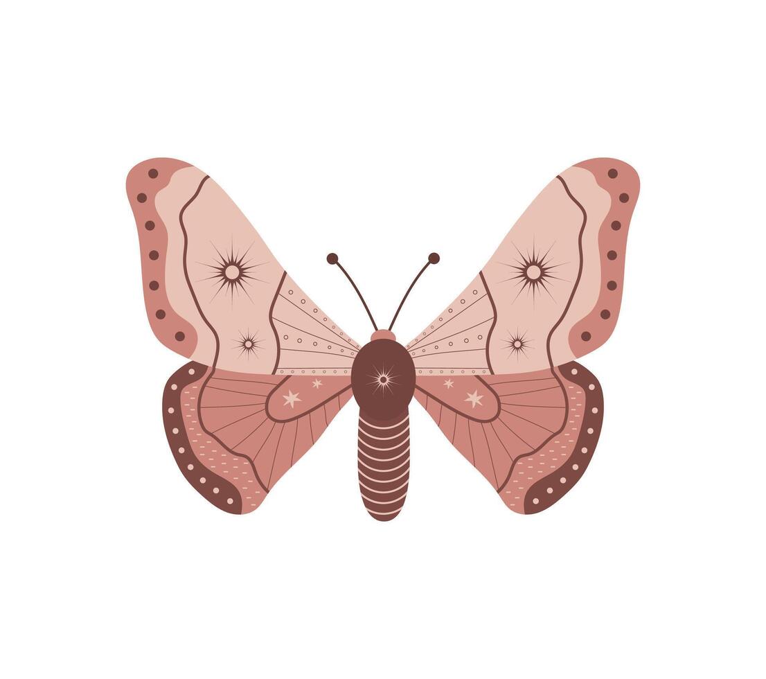 Boho butterfly. Insect with celestial elements. Witch and magic symbol. Abstract illustration in bohemian style vector