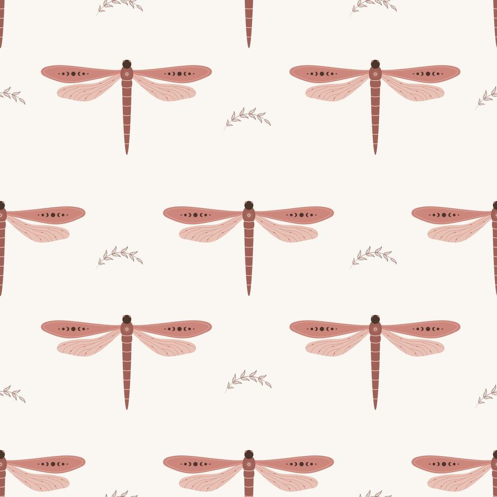 Seamless pattern with boho dragonfly. Insect with celestial elements. Witch and magic symbol for textile, fabric, prints. Abstract hand drawn illustration in bohemian style vector