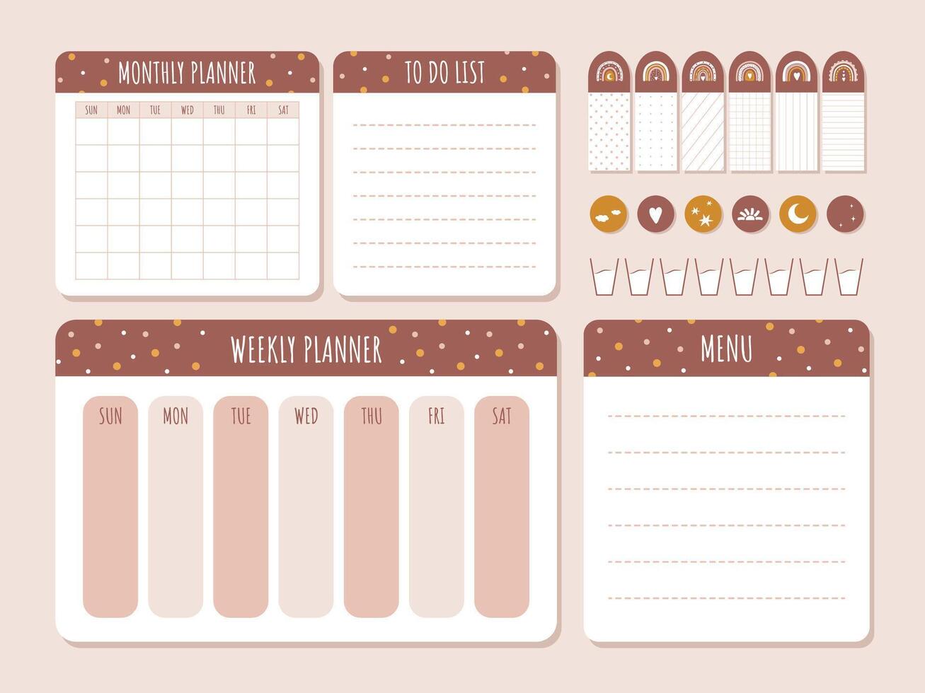 Cute monthly planner in boho style. Daily, weekly template. To do list. Business organizer page with stickers. Kids schedule. Flat cartoon illustration vector