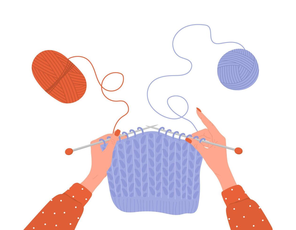 Knitting process. Balls of yarn. Female hands with needles and thread. Top view of the workplace. Tailor shop elements. Hand drawn illustration in flat cartoon style vector