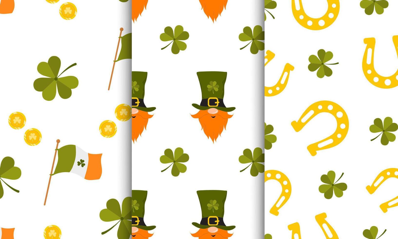 Set of seamless patterns for St. Patrick day. Cute backgrounds for irish holiday. illustration in flat cartoon style. Perfect for fabric, package paper, wallpaper, greeting cards vector