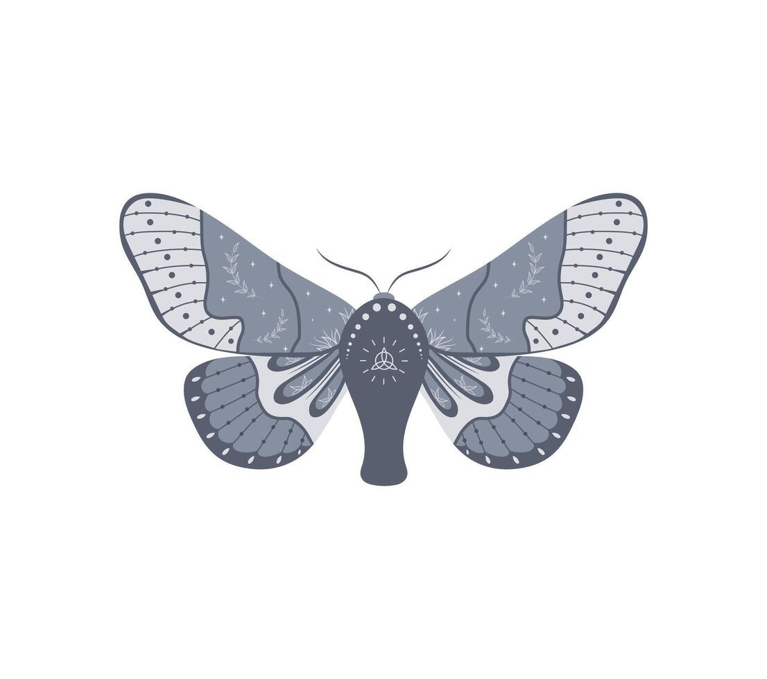 Boho butterfly. Insect with celestial elements. Witch and magic symbol. Abstract moth. illustration in bohemian style vector